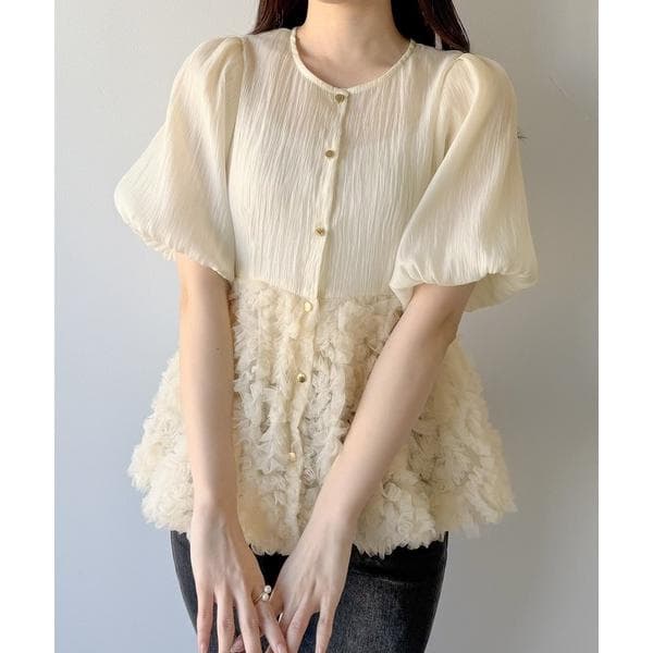 ブラウス シャツ フラワーモチーフチュールペプラムブラウス レディース