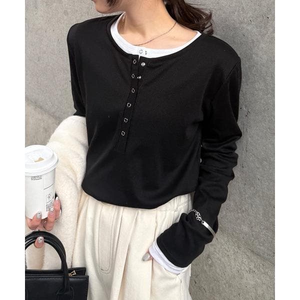 tシャツ レイヤードヘンリーネックリブＴシャツ レディース