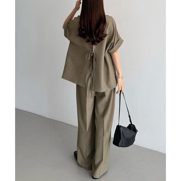 セットアップ リネンライク半袖ジャケット+タックスラックスパンツset レディース