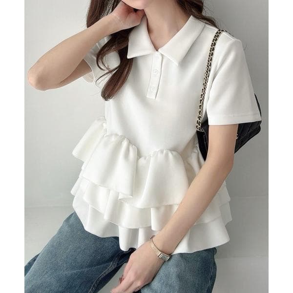 tシャツ デザインペプラム襟付き半袖トップス レディース