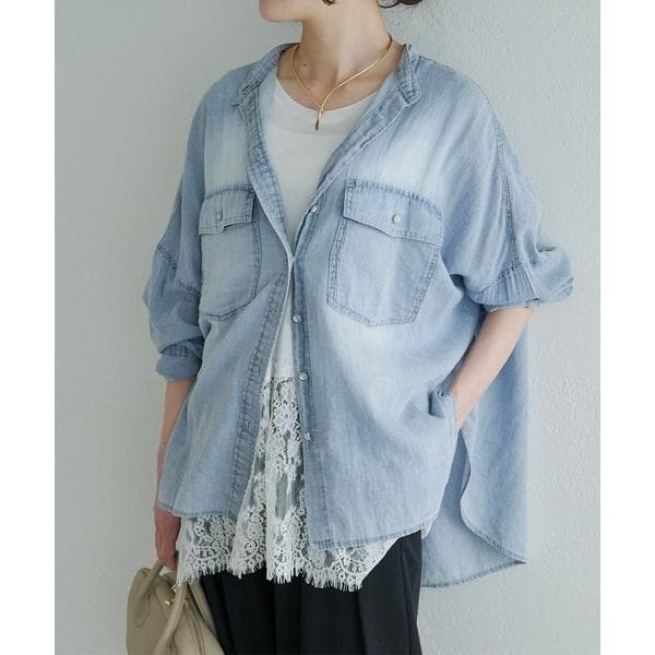 ブラウス シャツ シアーデニムバンドカラーシャツ レディース