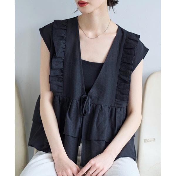 ベスト ジレ 麻混ソフトシアーフリルベスト レディース