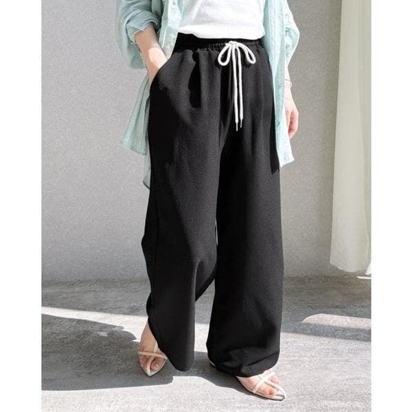 パンツ 無地/ストライプエンボス加工イージーパンツ レディース