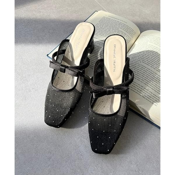 パンプス リボン ベルト ラインストーン シアー ミュール /51124　ドット