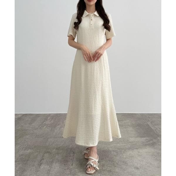 ワンピース ストレッチジャガードポロワンピース(ペチワンピースset)