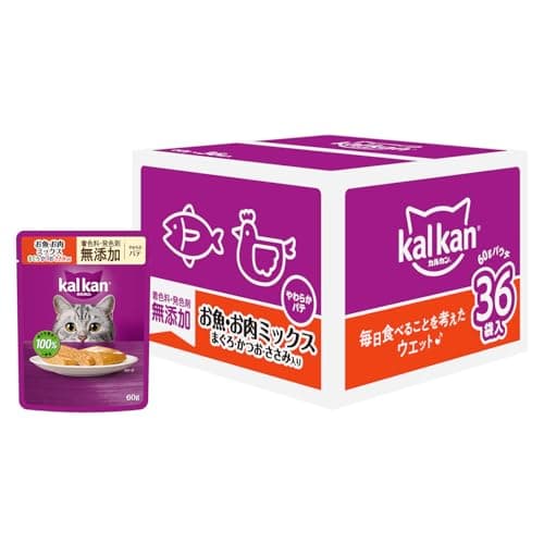 カルカン パウチ パテ 1歳から 60g×36袋 着色料・発色剤 無添加 お魚・お肉ミックス まぐろ・かつお・ささみ入り 成猫用 やわらかパ