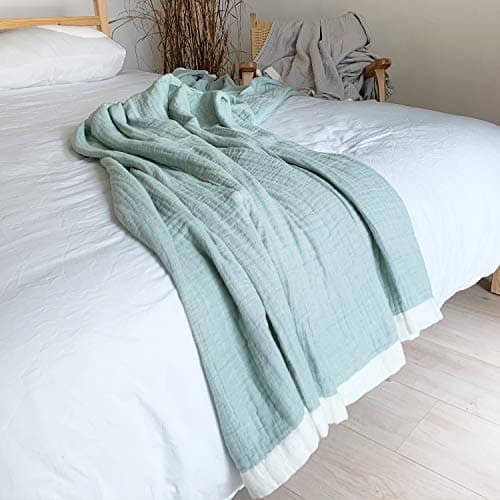 Ｖａｎｘｉｎｇ Gauze Blanket Single 4-Layer Woven 100% Natural Cotton Reversible 150×200cm (Solid, Green) 7