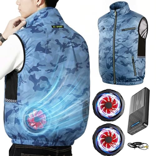 [Noraui] 【2026暴風ファン & 40800mAh大容量バッテリー】 空調作業服 バッテリーファンセット ファン付きベスト 作業用 ジャケット 空調ウェア 空調扇風服 冷却 3段階風量調節 7.4V出力対応 UVカット 撥水加工 男女兼用 (JP, アルファベット, XL, ブルーカモ（ベスト）)