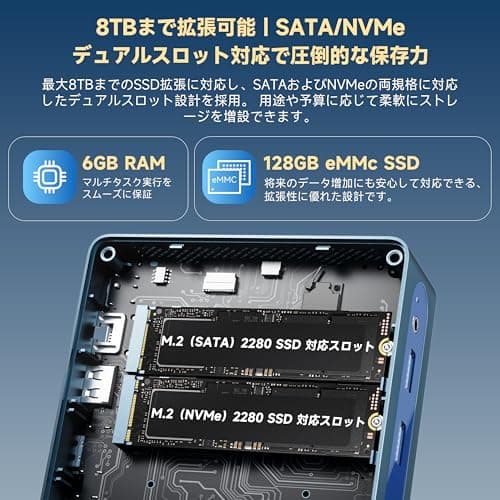 Bmax ミニpc 小型パソコン Intel J3355 最大2.5Hz【8TB SSD増設可能｜SATA/NVMeデュアルスロット対応】mini pc Windows11 静音38dB 初心者向け 小型超軽量ミニパソコン｜4K静音 高速熱放散｜HDMI｜BT5.0 ビジネス/在宅ワーク向け 企業用/業務用 (6GB+128GB 日本語版) 2