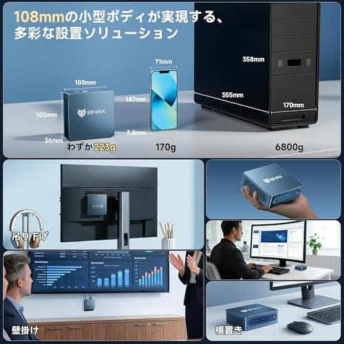 Bmax ミニpc 小型パソコン Intel J3355 最大2.5Hz【8TB SSD増設可能｜SATA/NVMeデュアルスロット対応】mini pc Windows11 静音38dB 初心者向け 小型超軽量ミニパソコン｜4K静音 高速熱放散｜HDMI｜BT5.0 ビジネス/在宅ワーク向け 企業用/業務用 (6GB+128GB 日本語版) 7