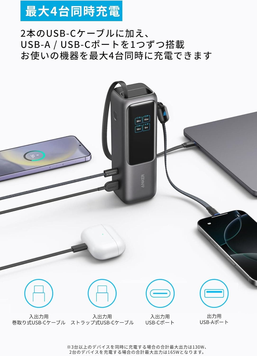 Anker Power Bank (25000mAh, Built-In & 巻取り式USB-Cケーブル) 【PD対応/PSE技術基準適合/機内持ち込み可/ 165W出力 MacBook PD対応Windows PC iPad Pro iPhone 17 / 16 / 15 Galaxy Android スマートフォン ノートPC 各種 (ブラック) 5