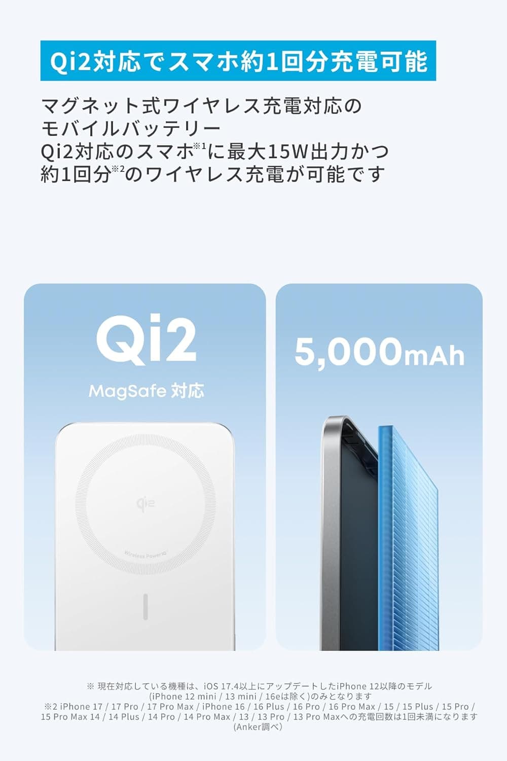 Anker Nano Power Bank (5000mAh, MagGo, Slim) Qi2認証 ワイヤレス充電 最大出力15W MagSafe対応 マグネット式ワイヤレス充電対応 コンパクト 薄型 8.6mm 小型 iPhone 17 / 16 / 15シリーズ / Air 対応 (ホワイト) 3