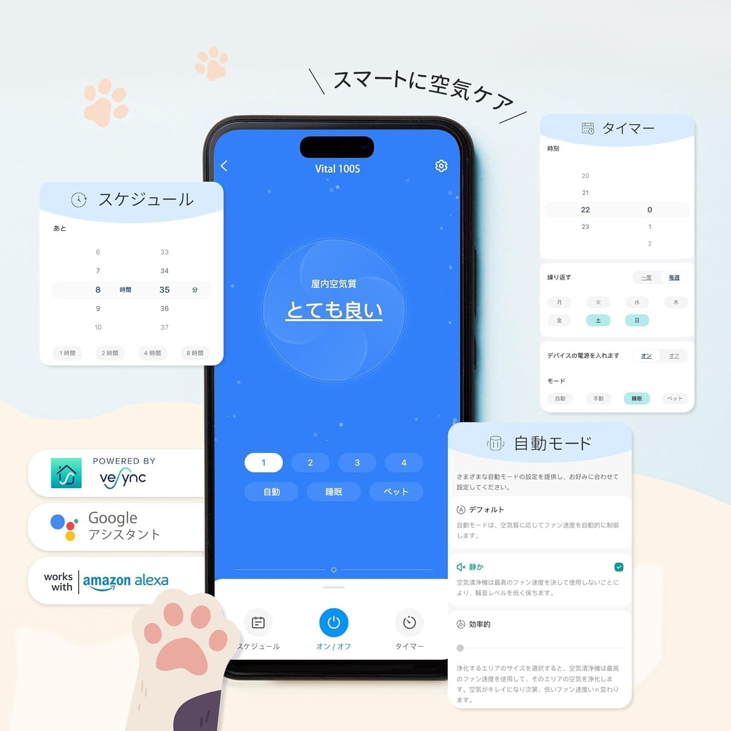 【節電対策】Levoit(レボイト) 空気清浄機 ハイグレード Vital 100S 花粉 21畳 集じん 小型 ハウスダスト 脱臭強化 ホコリ・光センサー付き 四面吸気口 ペットの毛対策 静電HEPA 花粉対策 自動/ペットモード 7