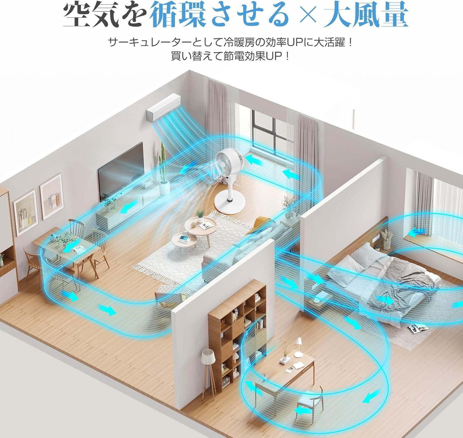サーキュレーター 扇風機 兼用【2026 新登場！省エネ＆静音設計】自動首振り リモコン付き 風量 6 段階・タイマー機能・高さ調節可能 6〜30 畳対応 強力送風 リビング・寝室対応 梅雨対策・除湿・衣類乾燥・部屋干し 冷房・暖房補助に最適 組立簡単＆日本語取扱説明書付き 5