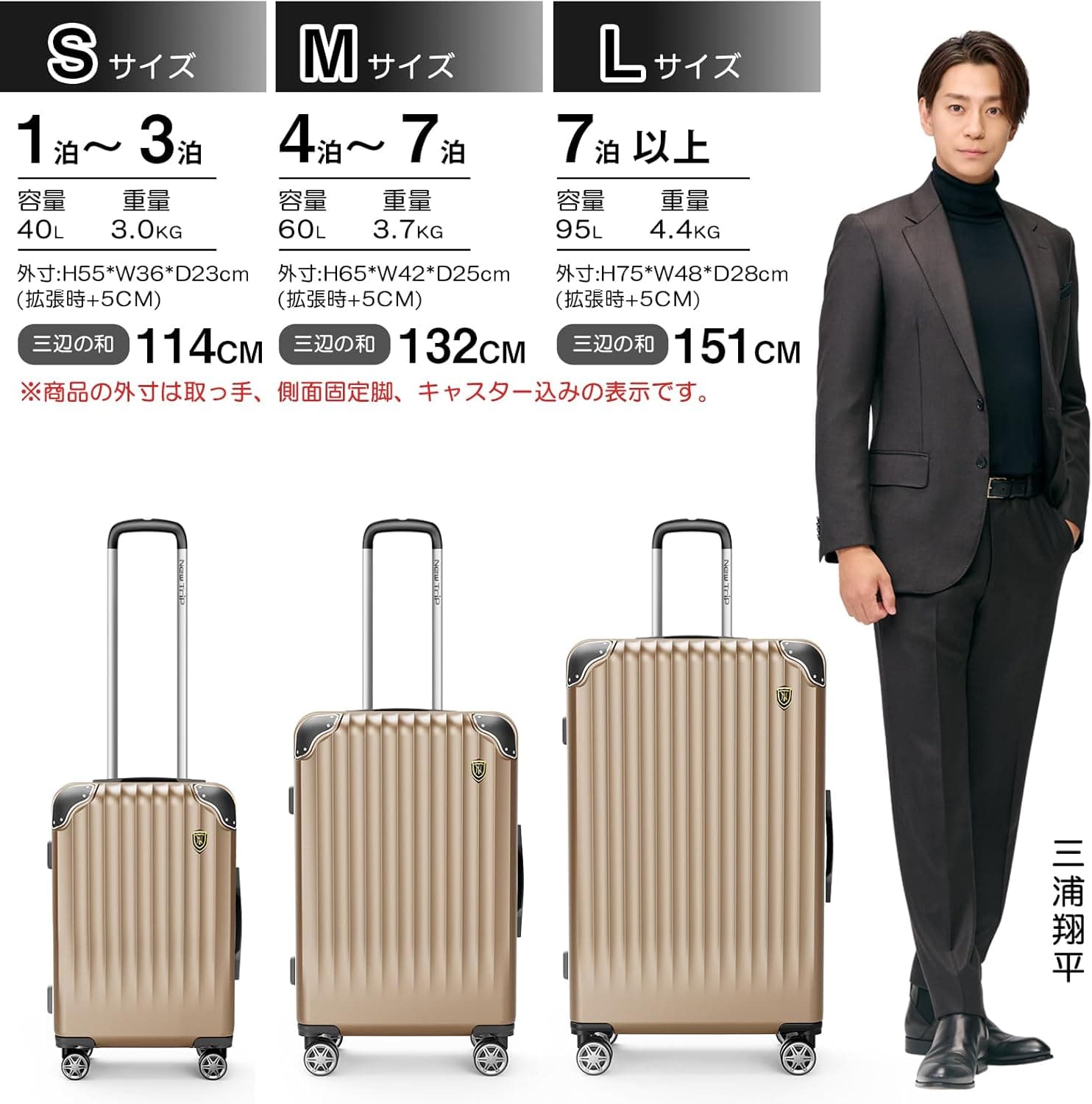[New Trip] スーツケース キャリーケース 拡張機能付き 機内持ち込み 軽量 大型 S/M/Lサイズ キャリーバッグ 耐衝撃 大容量 ファスナータイプ 静音 ダブルキャスター TSAロック 海外 旅行 ビジネス 出張 (シャンペンゴールド、Lサイズ：7泊～長期旅行/95L) 3