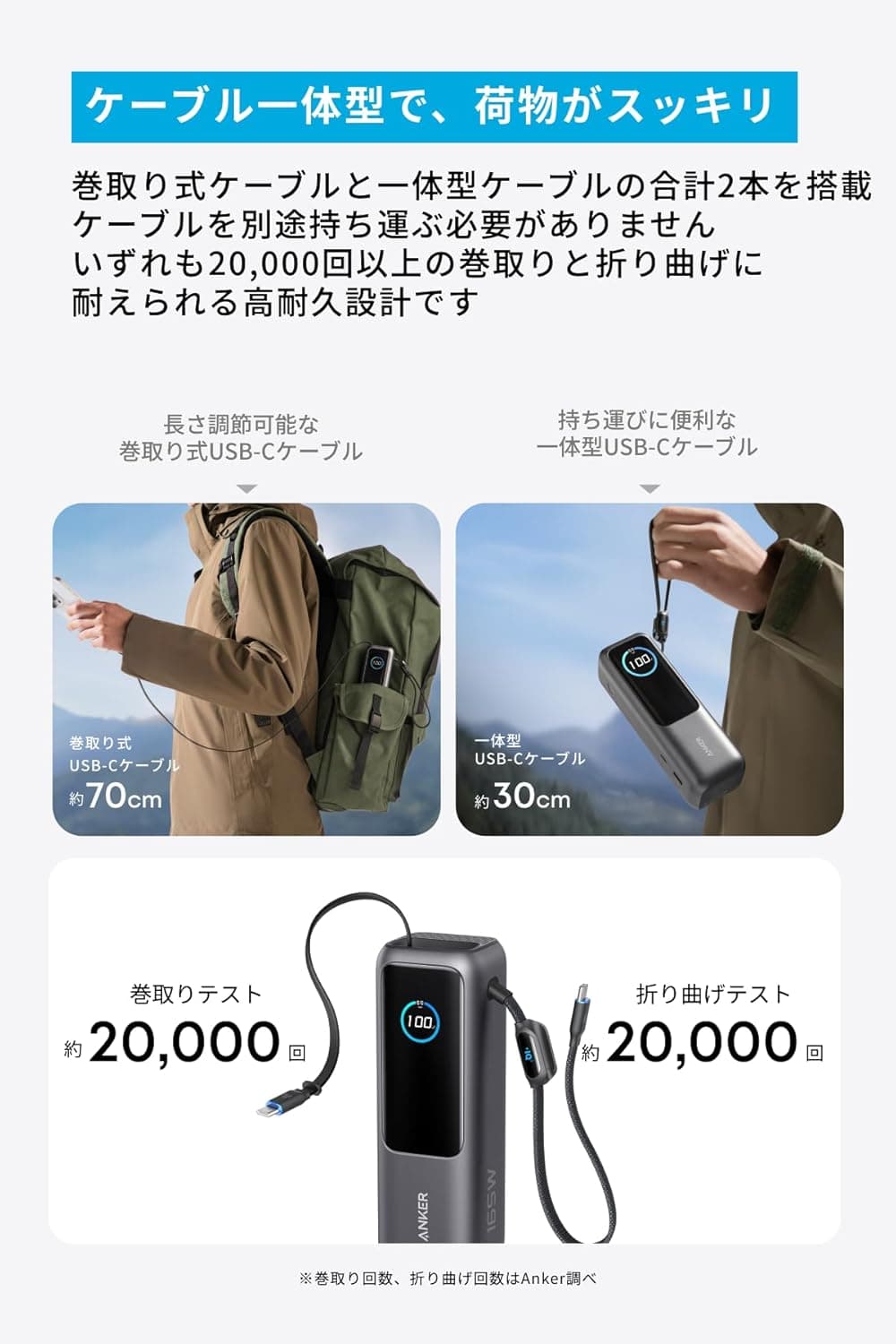 Anker Power Bank (25000mAh, Built-In & 巻取り式USB-Cケーブル) 【PD対応/PSE技術基準適合/機内持ち込み可/ 165W出力 MacBook PD対応Windows PC iPad Pro iPhone 17 / 16 / 15 Galaxy Android スマートフォン ノートPC 各種 (ブラック) 3