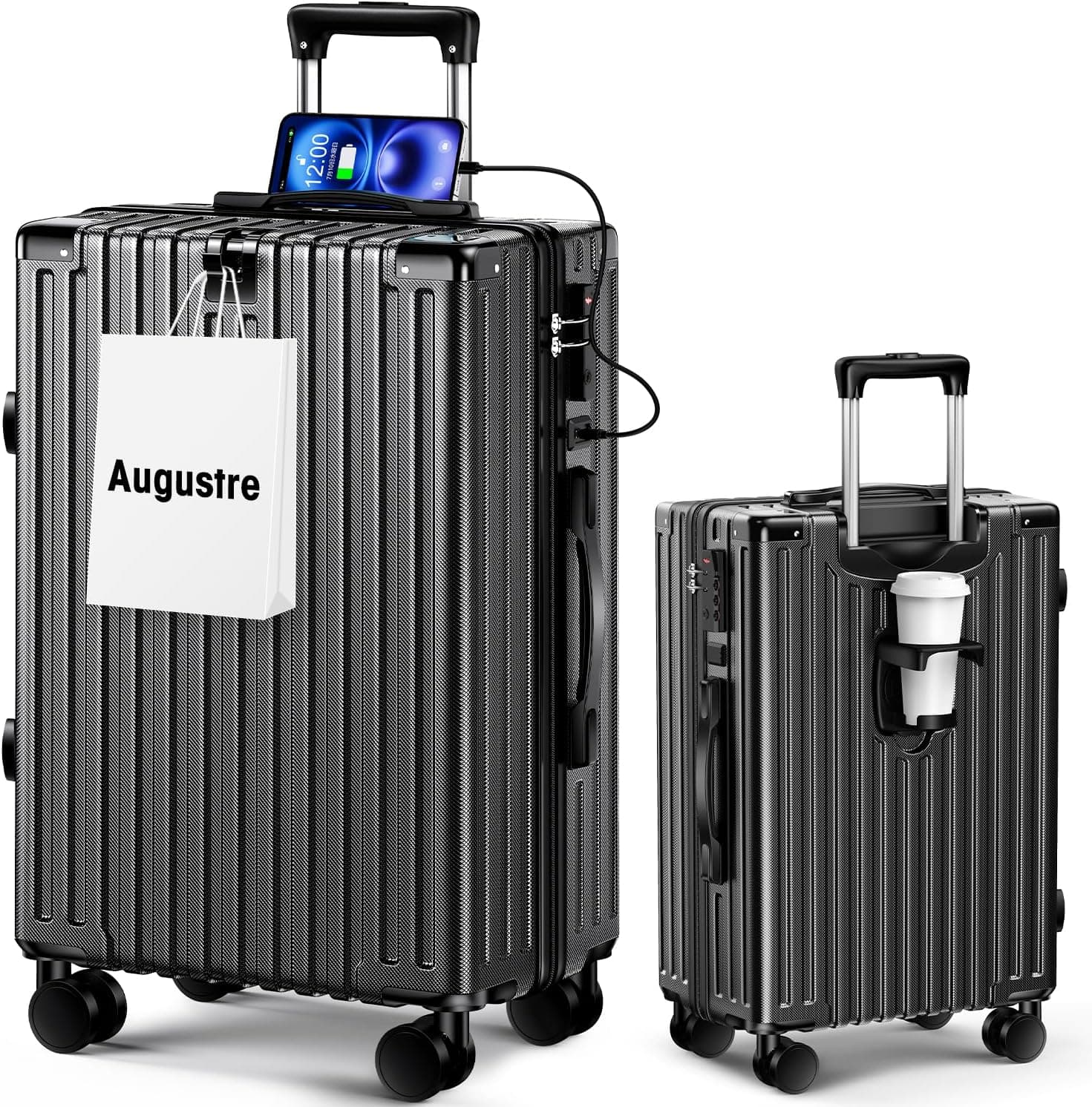 [Augustre] スーツケース 機内持ち込み 超軽量 キャリーケース 大型 軽量 多機能 キャリーバッグ 静音 耐衝撃 ダブルキャスター S/M/Lサイズ カップホルダー付 USB充電機能 隠しフック機能 360度回転 TSAローク搭載 ファスナー式 旅行 ビジネス 出張 (ブラック, S/機内持込可能)