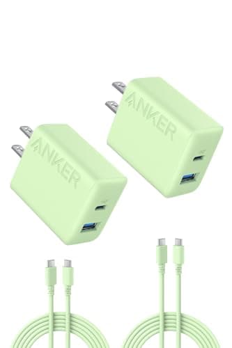 Anker Charger (20W, 2-Port) with USB-C & USB-C ケーブル ライムグリーン 2個セット